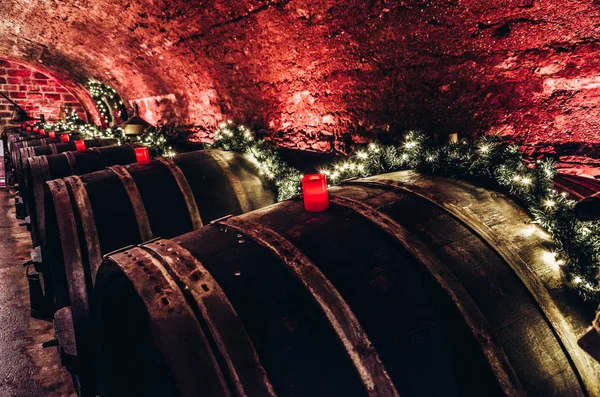 Wine Barrels Old Wine Cellar Red Candles Fairy Lights — Stockfoto
