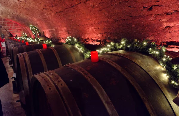 Wine Barrels Old Wine Cellar Red Candles Fairy Lights — Stockfoto