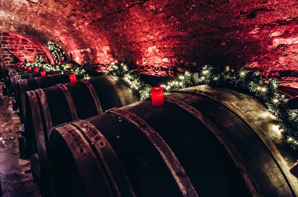 Wine Barrels Old Wine Cellar Red Candles Fairy Lights — Stockfoto