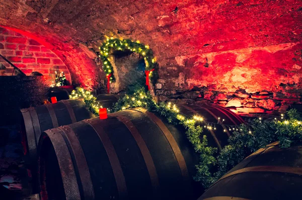 Wine Barrels Old Wine Cellar Red Candles Fairy Lights — Stockfoto