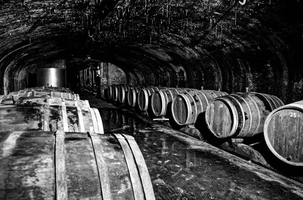 Wine Barrels Old Wine Cellar Red Candles Fairy Lights — Stockfoto