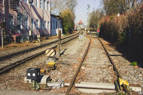 Vías Férreas Campo Con Lecho Vías Grava Interruptor Cruce Ferrocarril —  Fotos de Stock