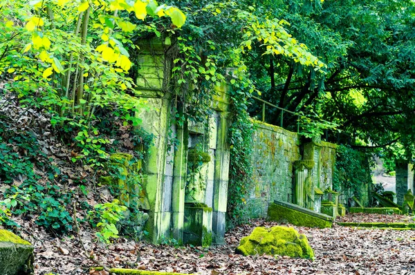 Pedra Tumular Quebrada Com Danos Cemitério Verde — Fotografia de Stock