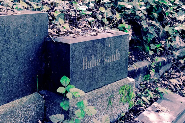 Σπασμένη Ταφόπλακα Ζημιές Ένα Νεκροταφείο Στα Πράσινα — Φωτογραφία Αρχείου
