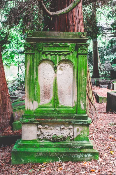 Pedra Tumular Quebrada Com Danos Cemitério Verde — Fotografia de Stock