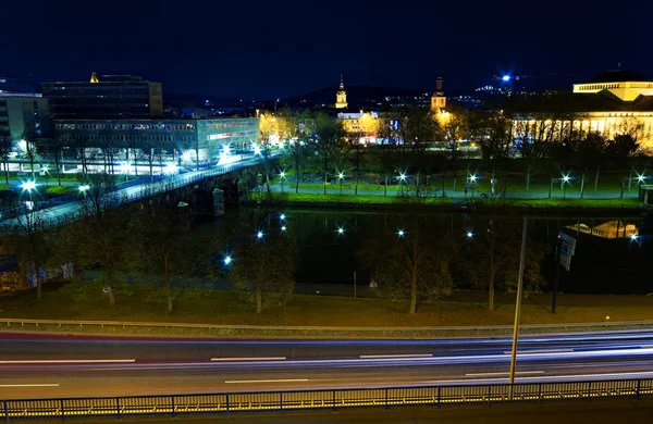 Noc Autostrada Saarbruecken Saarland Niemcy Europe Parlamentem Państwowym Saarland Highway — Zdjęcie stockowe