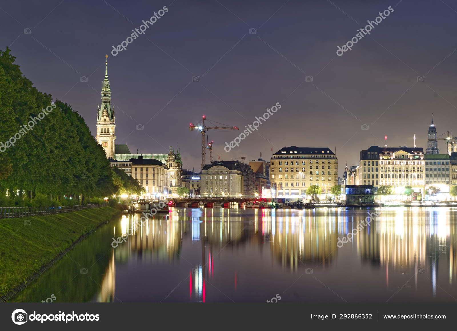 Hamburg Binnenalster Night Germany Alsterhaus Fountain Background