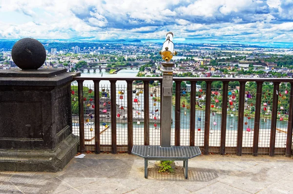 Deutsches Eck Com Vista Fortaleza Ehrenbreitstein Koblenz Com Reno Mosela — Fotografia de Stock