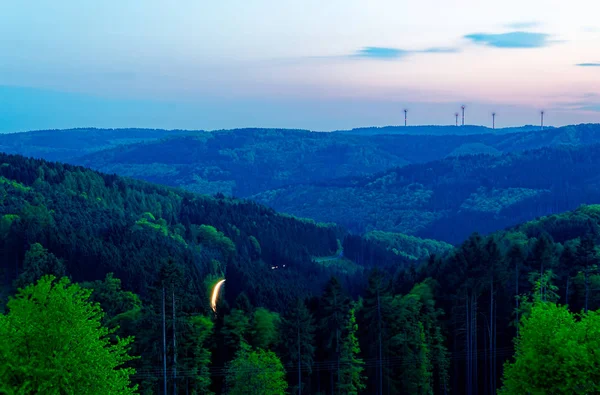 Odenwald Kortelshtte Con Puesta Sol Aerogeneradores —  Fotos de Stock