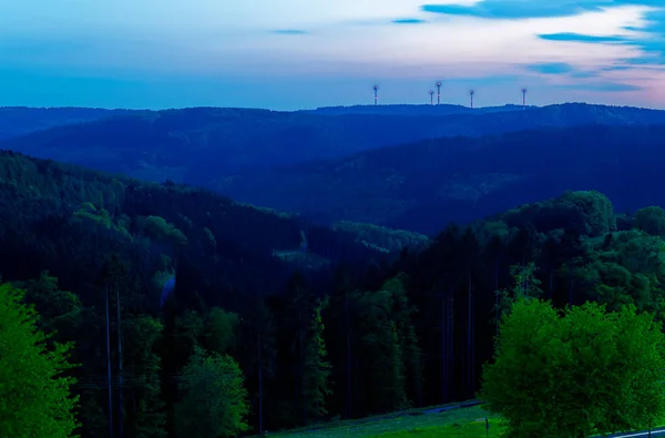 Odenwald Kortelshtte Con Puesta Sol Aerogeneradores —  Fotos de Stock