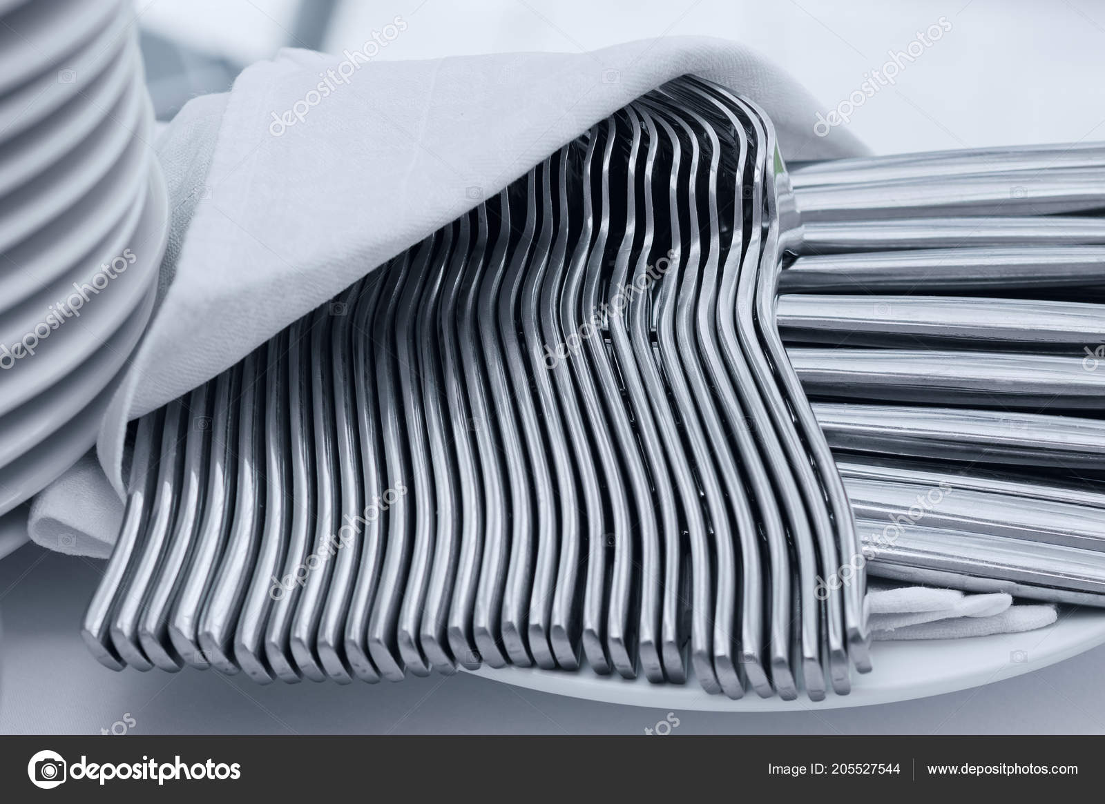 Elegant Set Forks Knives Silverware Napkin White Tablecloth