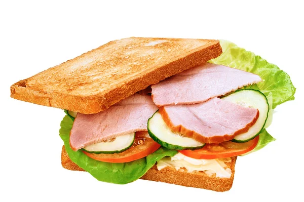 Бутерброд Тостами Білого Хліба Шинкою Свіжим Зеленим Листям Салату Помідорами — стокове фото