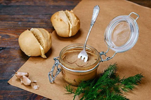 Zubereitete Hausgemachte Französische Vorspeise Foie Gras Mit Weißen Toastbrötchen Und Stockbild
