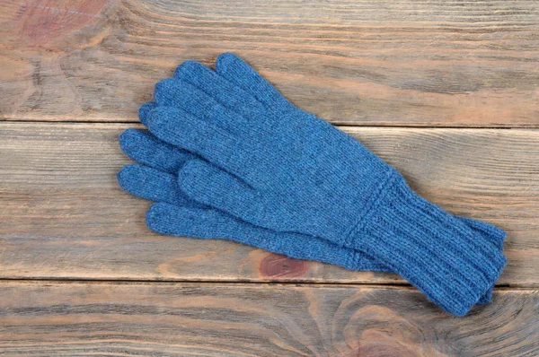 Blue Handmade Gloves Wooden Background View — Stock Photo, Image