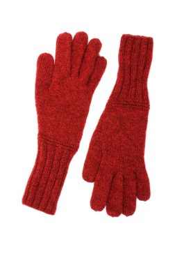 Kırmızı örgü eldiven El yapımı. Beyaz arka plan üzerinde izole. Yukarıdan görüntülemek.