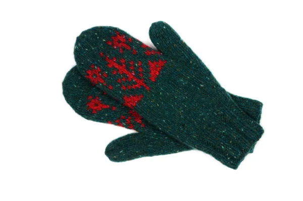 Yeşil renk beyaz arka plan üzerinde izole Örme Eldivenler. İşlemeli. Yukarıdan görüntülemek.