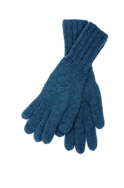 Beyaz arka plan üzerinde izole mavi örme eldiven. İşlemeli. Yukarıdan görüntülemek.