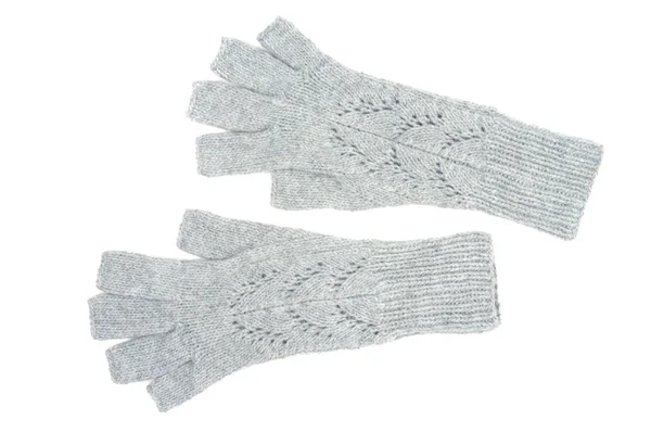 Gants Tricotés Gris Avec Doigts Ouverts Isolés Sur Fond Blanc — Photo