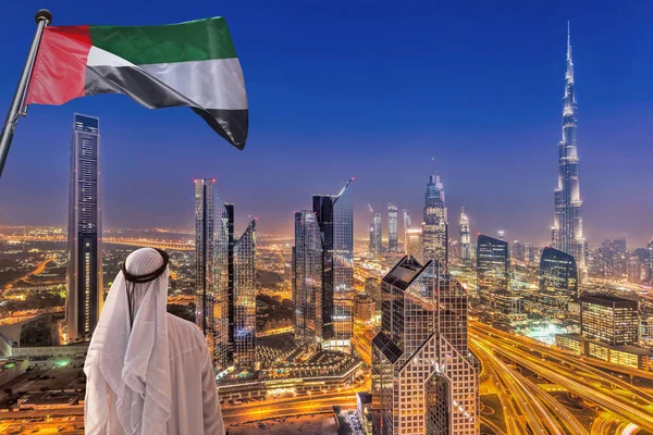 Arabian Man Watching Night Cityscape Dubai Modern Futuristic Architecture United — Stock Photo, Image