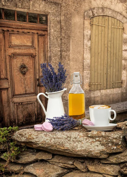 Stilleben Med Lavendelblomma Och Kopp Kaffe Provence Frankrike — Stockfoto