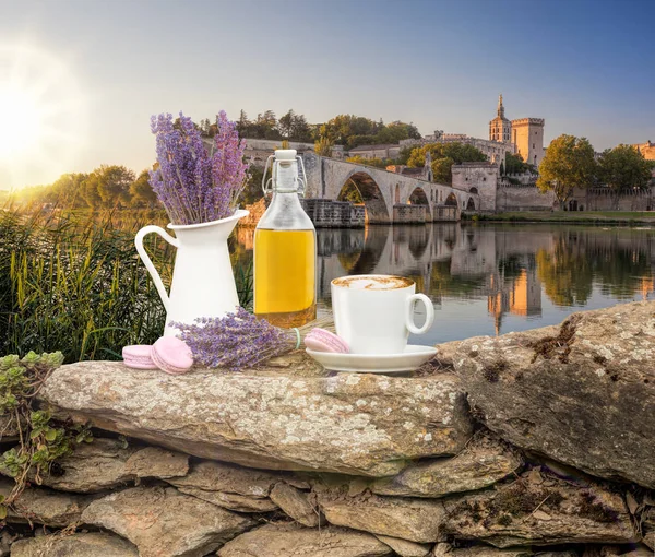 Lavender Still Life Cup Coffee Avignon Bridge Provence France — Stock Photo, Image