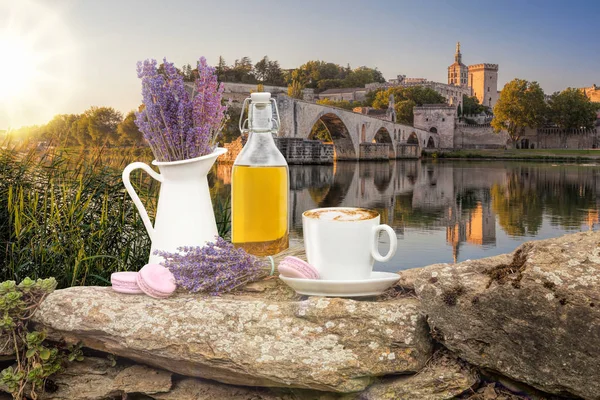 Lavender Still Life Cup Coffee Avignon Bridge Provence France — Stock Photo, Image