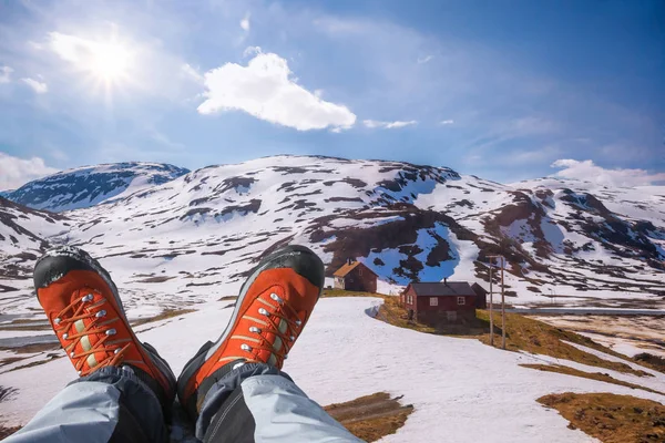 Botas Caminhada Contra Fiordes Noruega — Fotografia de Stock