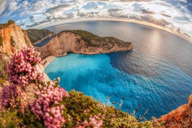 Yunanistan 'ın Zakynthos adasında gemi enkazı ve çiçekli Navagio plajı