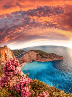 Yunanistan 'ın Zakynthos adasında gemi enkazı ve çiçekli Navagio plajı