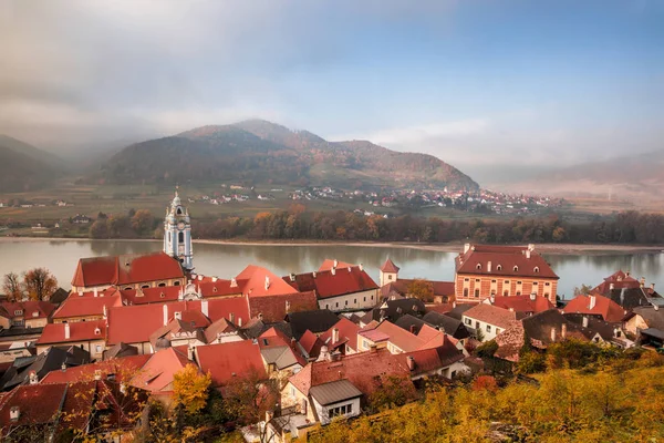 Panorama Del Pueblo Duernstein Durante Otoño Wachau Austria —  Fotos de Stock