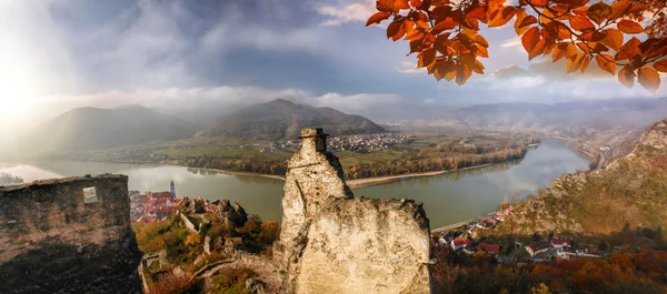 Panorama Del Villaggio Duernstein Con Castello Durante Autunno Wachau Austria — Foto Stock