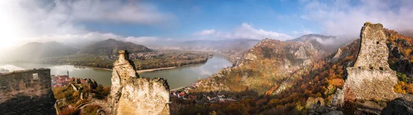 Panorama Över Duernstein Med Slottet Hösten Wachau Österrike — Stockfoto