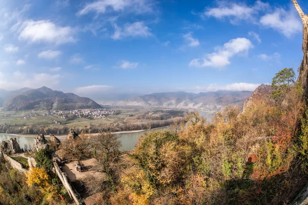 Panoráma Duernstein Falu Kastély Őszén Wachau Ausztria — Stock Fotó