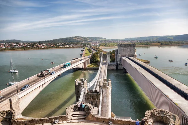 Conwy Bay Met Drie Bruggen Nederland — Stockfoto