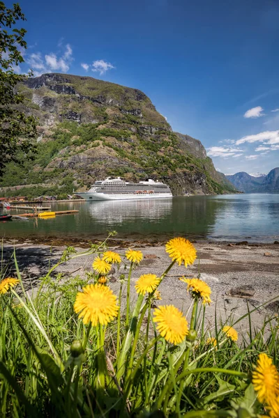 Flam aldeia com navio no porto contra fiorde durante a primavera, Noruega — Fotografia de Stock