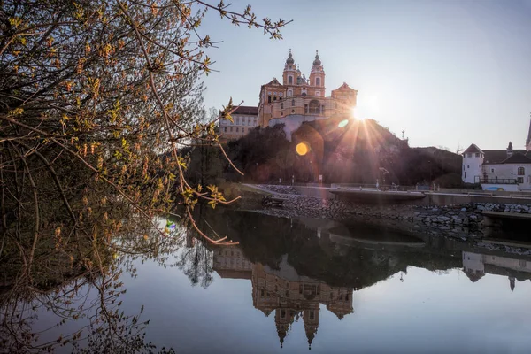 Melk abbey against sunrise during spring time in Austria, Wachau area — Stock Photo, Image