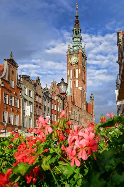 Gdansk city with town hall against flowers in Poland — Stock Photo, Image