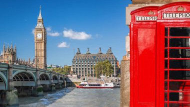 London symbols, Big Ben and Red Phone Booths with boat on river in England, UK clipart