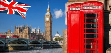 İngiltere'de Big Ben, Double Decker Otobüs, Bayrak ve Kırmızı Telefon Kabinleri ile Londra sembolleri, İngiltere
