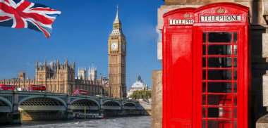 Big Ben, Double Decker Otobüsler ve Kırmızı Telefon B ile Londra sembolleri