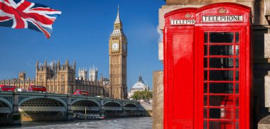 London symbols with BIG BEN, DOUBLE DECKER BUSES and Red Phone B clipart