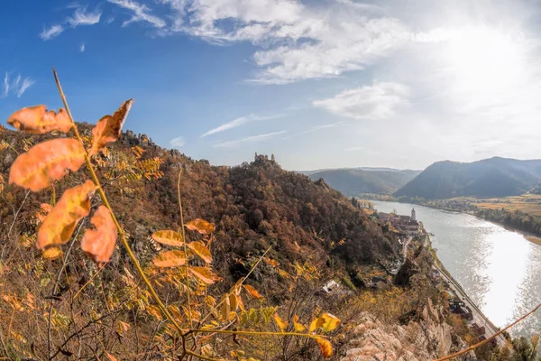 Panorama Aldeia Duernstein Com Castelo Rio Danúbio Durante Outono Áustria — Fotografia de Stock