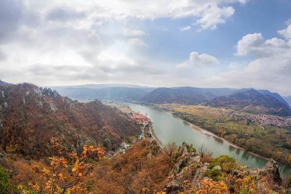 Panorama Aldeia Duernstein Com Castelo Rio Danúbio Durante Outono Áustria — Fotografia de Stock