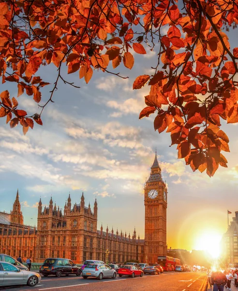 Big Ben Contra Colorido Atardecer Con Hojas Otoño Londres Inglaterra —  Fotos de Stock