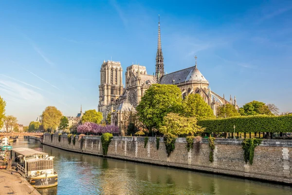 法国塞纳河上有船的巴黎圣母院 — 图库照片