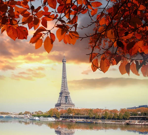 秋の葉を持つエッフェル塔パリ フランスのカラフルな夕日に対して — ストック写真