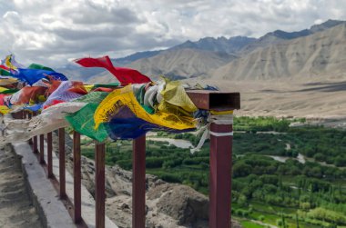 Leh, Hindistan - 4 Ağustos 2017: Budist dua bayrakları, Himalaya, Spituk Gompa, Jamu Kasmir ipi asmak renkli multi şeklinde işaretler.