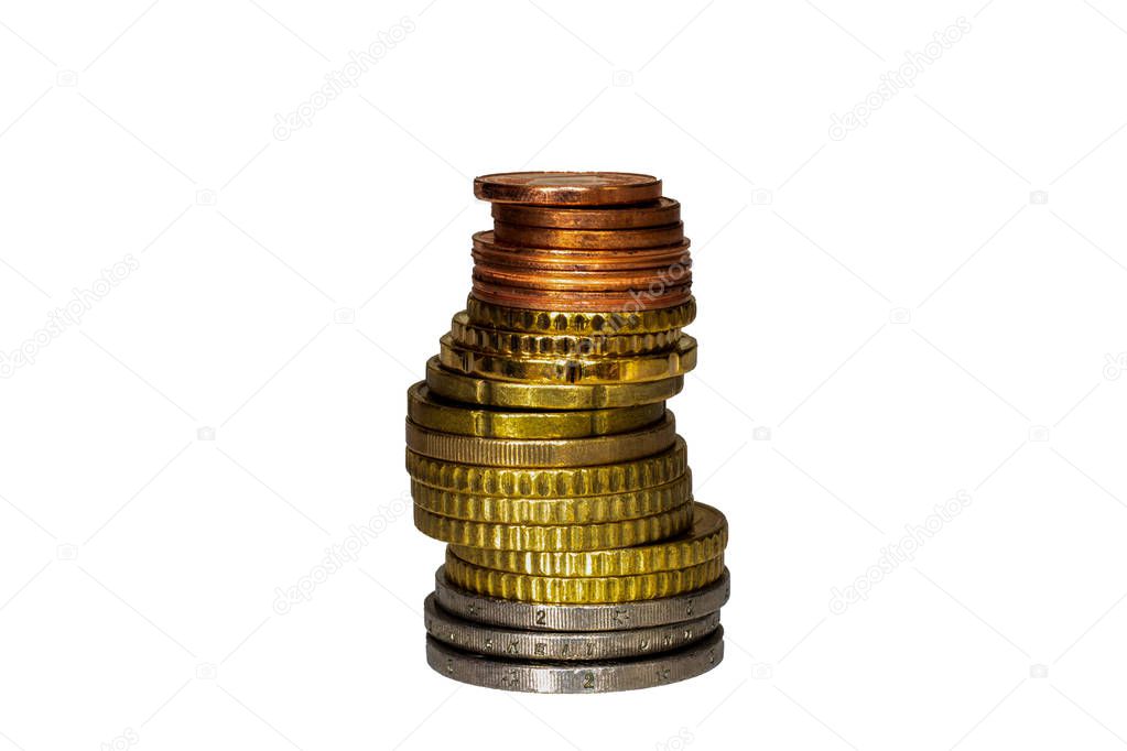 A high stack of different Euro coins on a white table