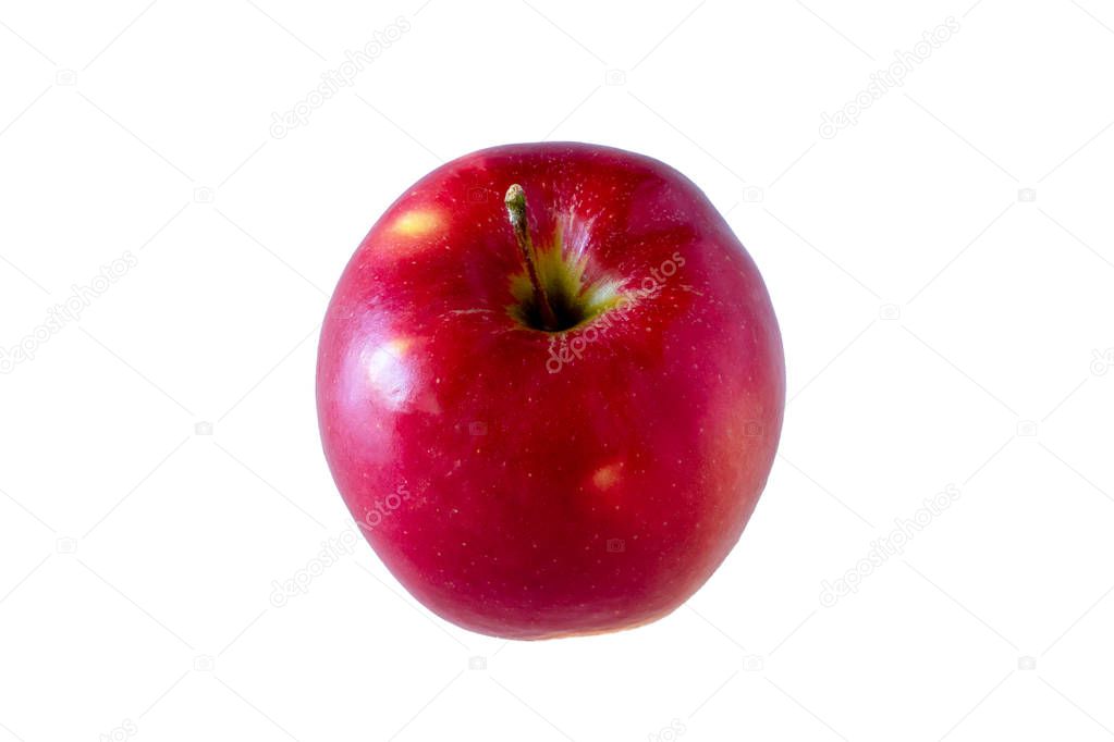 A red, shiny, clean and natural apple - top view with white background