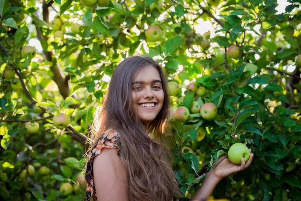 Mädchen Isst Apfel Mädchen Apfelgarten Isst Einen Apfel Mädchen Apfelgarten — Stockfoto